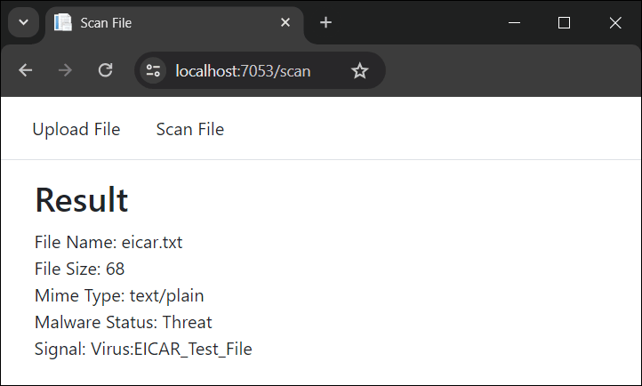 Scan result of an infected file